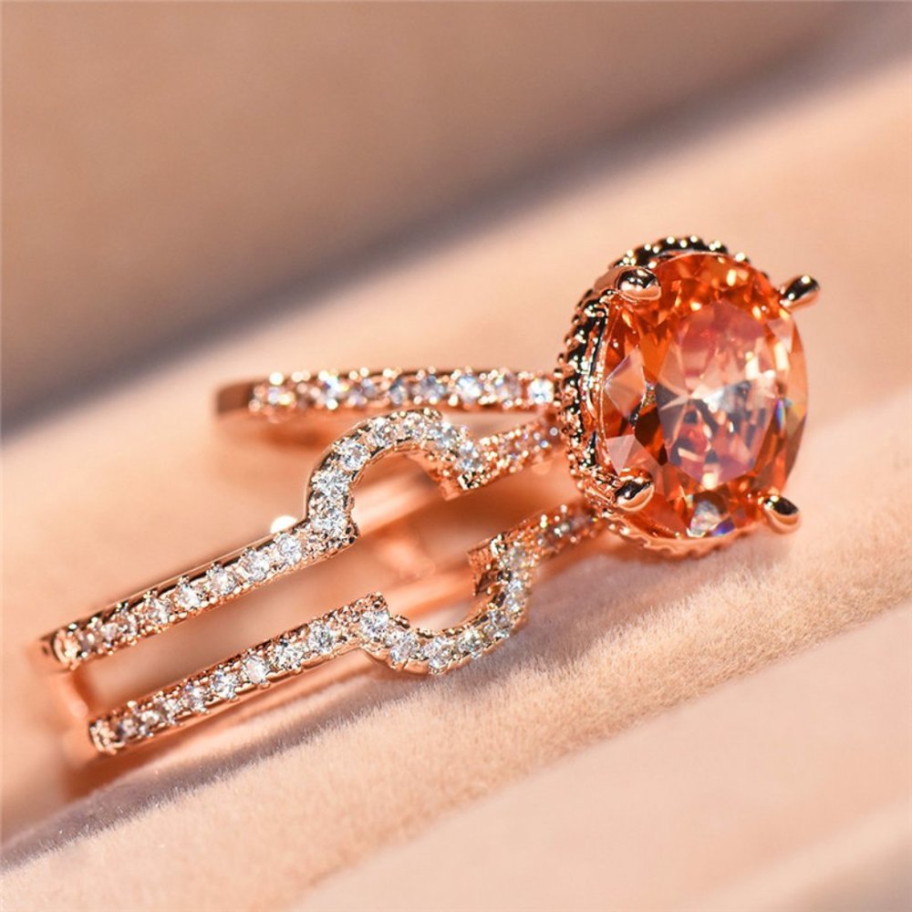 🎁 3 pcs/set Rose Gold Oval Bridal Wedding/Engagement Ring Set, VIP241 - Picture 6 of 9